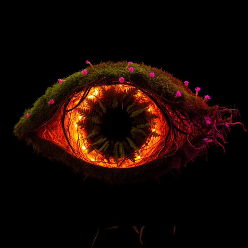 A glowing eye woven from moss, light, and blossoms
